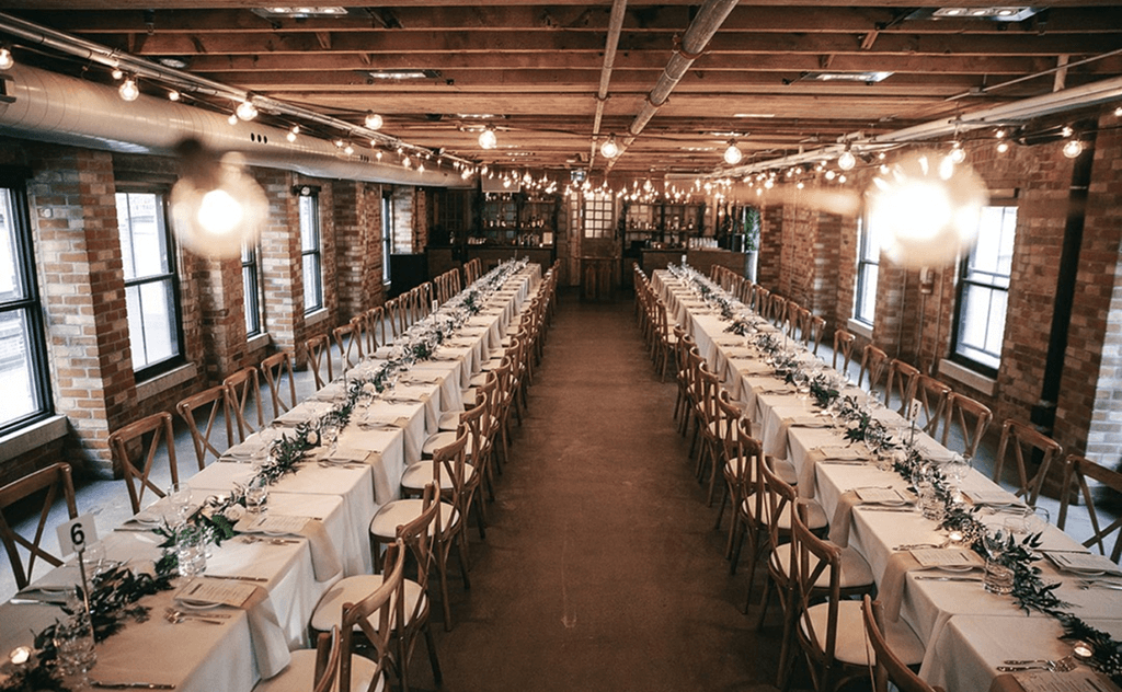 elegant dinner set up at a Bat Mitzvah venue located at the Loft on King